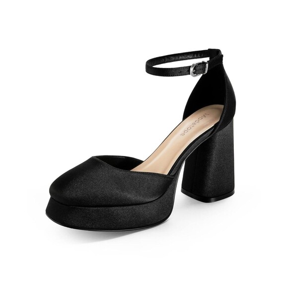 Modatope Women’s Black Satin Platform Chunky Block Heel Platform Pump Size 8 - Picture 2 of 8